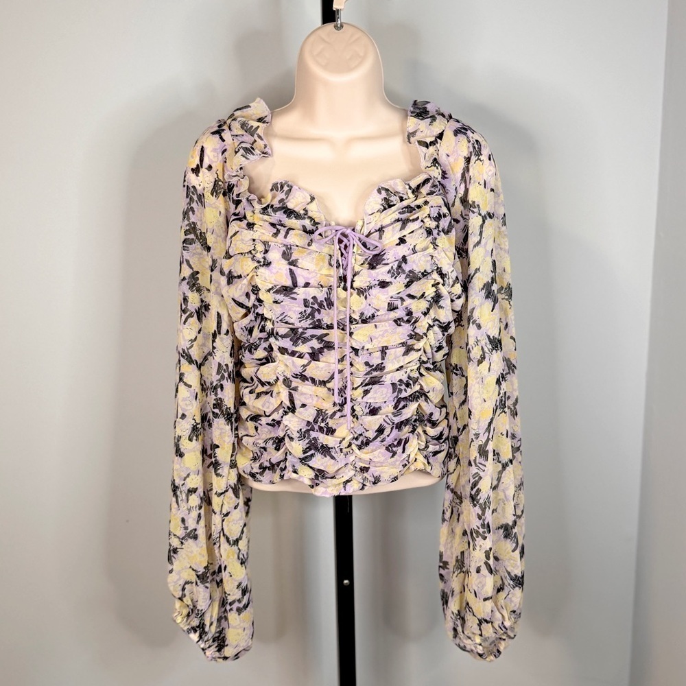 Free People Mabel Printed Blouse Women's Large Lilac Combo Blouson  - Size Large